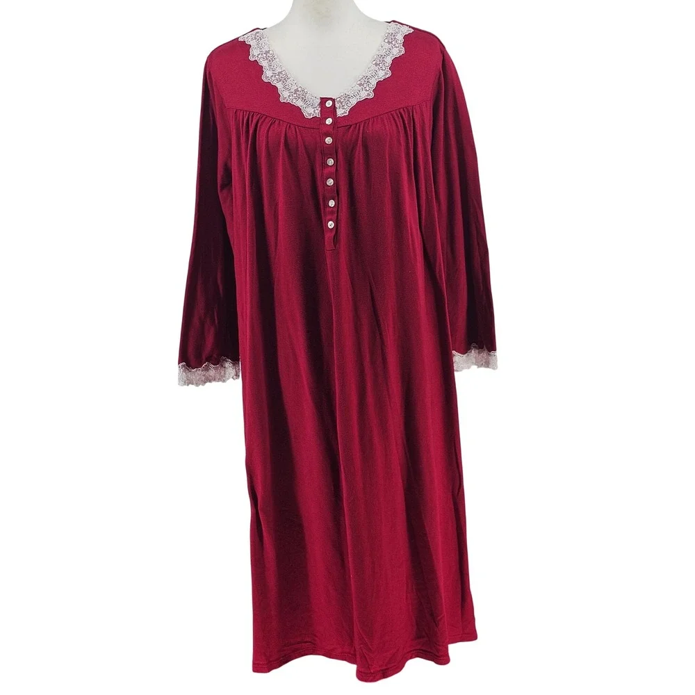 Eileen West Knit Nightgown XL Dark Red Lace Trim Romantic Cottagecore Holiday